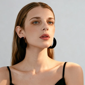 Close-up of black flocked large C-shaped earrings on a model for a vintage aesthetic