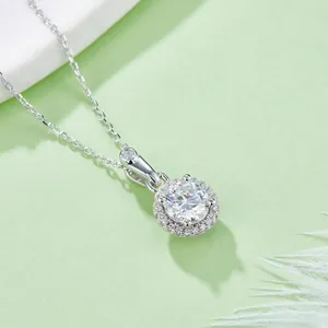Round Brilliant Cut Moissanite Necklace 925 Sterling Silver Halo Pendant Elegant Jewelry Gift For Women