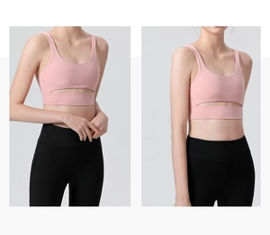 Vue de face et de profil du soutien-gorge de sport rose avec découpe sous la poitrine