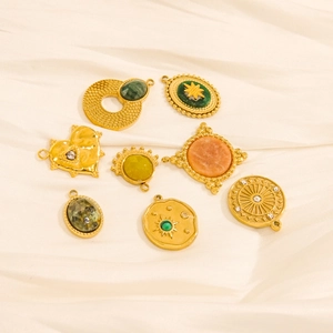 Set of 8 gold stainless steel natural stone pendants in various vintage geometric shapes