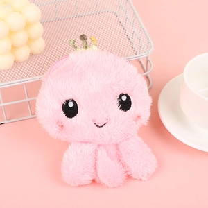 Close-up of pink octopus plush coin purse with gold crown and soft embroidered details