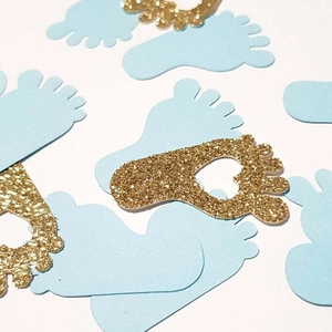 Blue and gold glitter baby footprint confetti for gender reveal party table decor