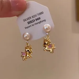 Elegant gold-plated pegasus pearl earrings with pink enamel wings and S925 silver needles