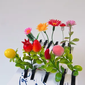 Macro shot of assorted cute resin fruit and flower hair clips on a white display card