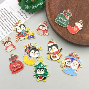Cartoon Christmas penguin and Santa enamel metal charms for DIY jewelry making