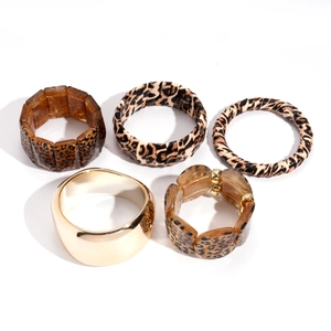 Five-piece leopard print and gold acrylic bangle set in vintage tortoiseshell style