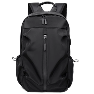 Minimalist black business laptop backpack with USB port and waterproof nylon fabric