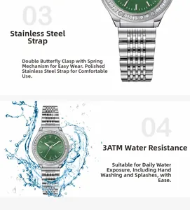 Detail of green sunray dial watch with silver steel band and 3ATM waterproof feature