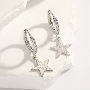 S925 silver star hoop earrings with clear pavé crystals and frosted glitter star charms