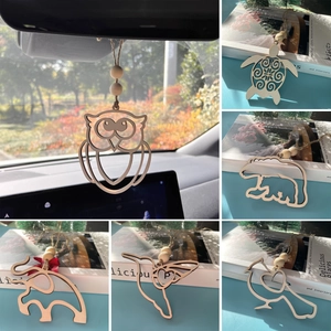 Wooden Animal Hanging Ornaments Hollow Laser Cut Boxwood Car Mirror Pendant Christmas Tree Decor Natural Wood Beads Hemp Rope