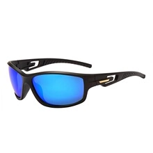Detail of matte black athletic sunglasses with blue mirrored lenses and hollow temples
