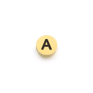 Polished gold stainless steel round charm bead featuring letter A for DIY jewelry