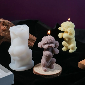 Standing teddy dog silicone candle mold with realistic fur texture and sample candles