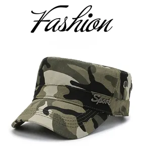 Close-up of camouflage patrol cap showing the metal Sport emblem and side air vents
