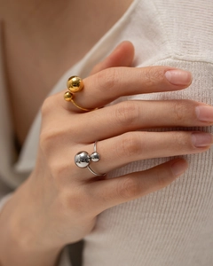 Minimalist gold and silver titanium steel open rings with dual sphere mirror finish
