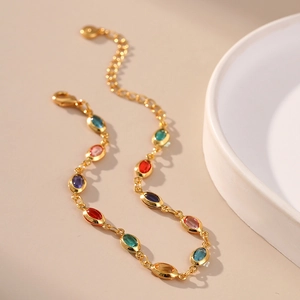 18K Gold Plated Bracelet Multi Colored Oval Crystal Stone Bohemian Adjustable Exotic Jewelry Gift For Women