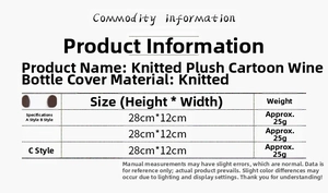 Detailed size chart for Christmas knitted wine bottle covers in three festive styles