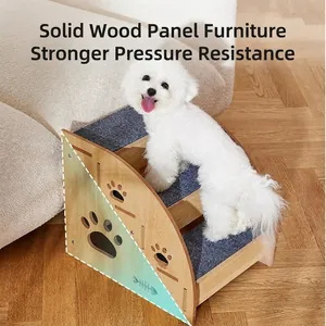 Three-tier wooden pet stairs with blue non-slip steps and claw pattern for small dogs