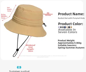 Detailed size specifications for khaki ponytail bucket hat with adjustable windproof rope