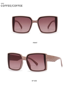 Dual view of oversized coffee square sunglasses with brown gradient lenses and side detail