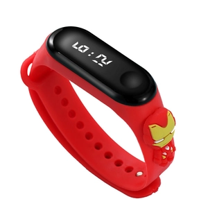 Waterproof red LED digital kids watch with silicone strap and cartoon superhero icon
