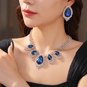 Alloy Blue Rhinestone Teardrop Pendant Necklace And Earrings With Silver Earring Post For Women Vintage Luxury Fashion