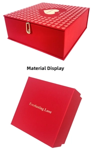 Detail of red heart gift box set with gold clasp and Everlasting Love embossing