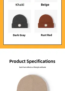 Detail of warm knitted beanies featuring smiley face patches in khaki, beige, and grey