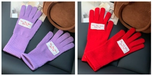 Detail view of purple and red knitted gloves with elegant French text embroidery
