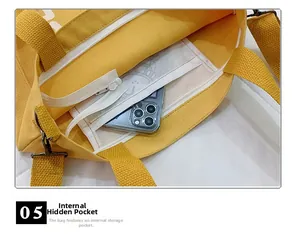 Close-up of the yellow canvas tote bag interior showing the zipper pocket and lining