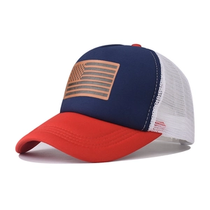 Close-up of patriotic American flag print on breathable mesh trucker baseball cap