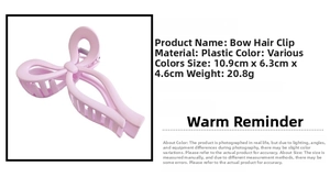 Pink bow hair claw clip showing size 10.9cm x 6.3cm on white background detail view