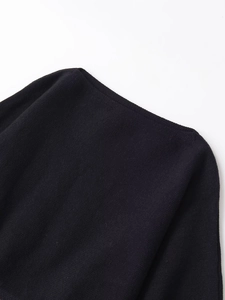 Close-up of black knit fabric texture and shoulder detail on a puff sleeve sweater