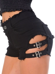 Pantalones Cortos Denim Mujer Cintura Alta Corte Lateral Hebilla Metal Dobladillo Desgastado Estilo Punk Summer Hot Pants