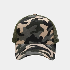 Jungle camouflage trucker hat with breathable mesh back and adjustable snapback design