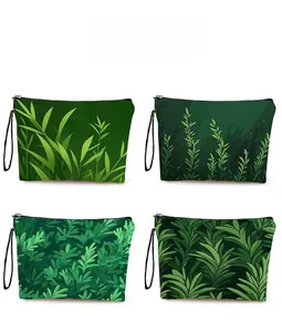 Detailed pattern display of four different green plant printed cosmetic zipper bags