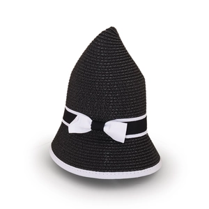 Detailed close-up of woven paper straw texture with black brim and white ribbon bow accent
