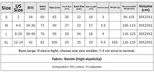 Tabella taglie dettagliata per pantaloncini in denim elasticizzati a vita alta, misure US e UE