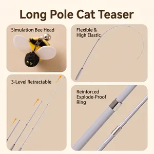 Retractable fishing pole cat wand with realistic plush bee and bell interactive toy
