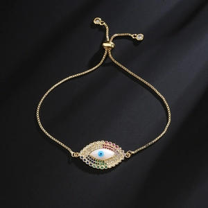 Gold plated evil eye bracelet with colorful zirconia stones and adjustable sliding clasp