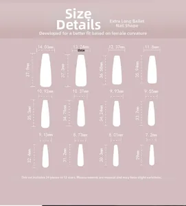 Detailed size chart for 24 extra long ballerina nails with 12 specific dimensions