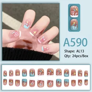 Cute short round press-on nails with heart and star patterns in blue and pink tones