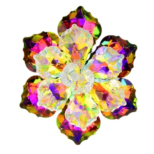 Iridescent crystal flower brooch with multi-colored faceted petals for wedding accessories