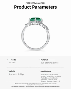 Macro shot of S925 sterling silver ring with square emerald and zircon-encrusted leaf band