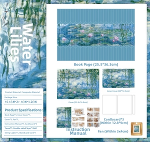 Detail of DIY book lamp kit featuring Monet Water Lilies theme with various art components