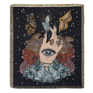 Bohemian mystic woven throw blanket featuring crystal and butterfly patterns with tassels