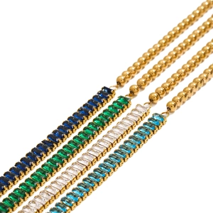 Gold-plated stainless steel bracelets with emerald-cut zirconia in four vibrant colors
