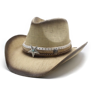 Retro western straw cowboy hat with turquoise star charm and gradient brim