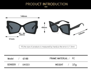 Detailed size chart for butterfly cat eye sunglasses showing 148mm frame width and specs
