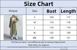Size chart detail for double-breasted trench coat with S-XXL measurements and guidelines
